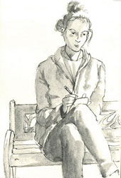 croquis d'une jeune femme qui dessine sur un banc