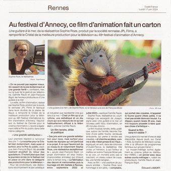 article paru dans ouest France sur le film Une guitare à la mer